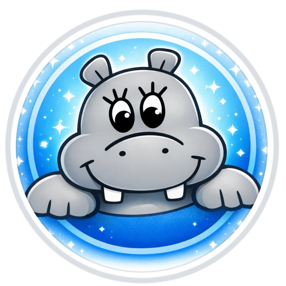 OTA, the hippo — peeking over a starry blue circle