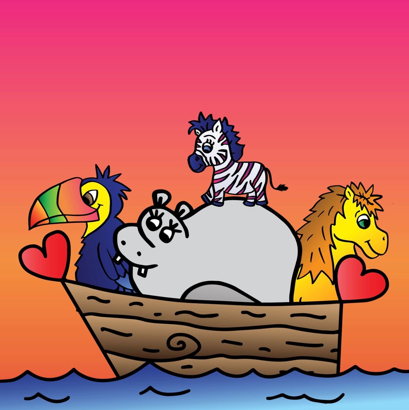 OTA and friends — toucan, zebra, and pony — in a boat at sunset