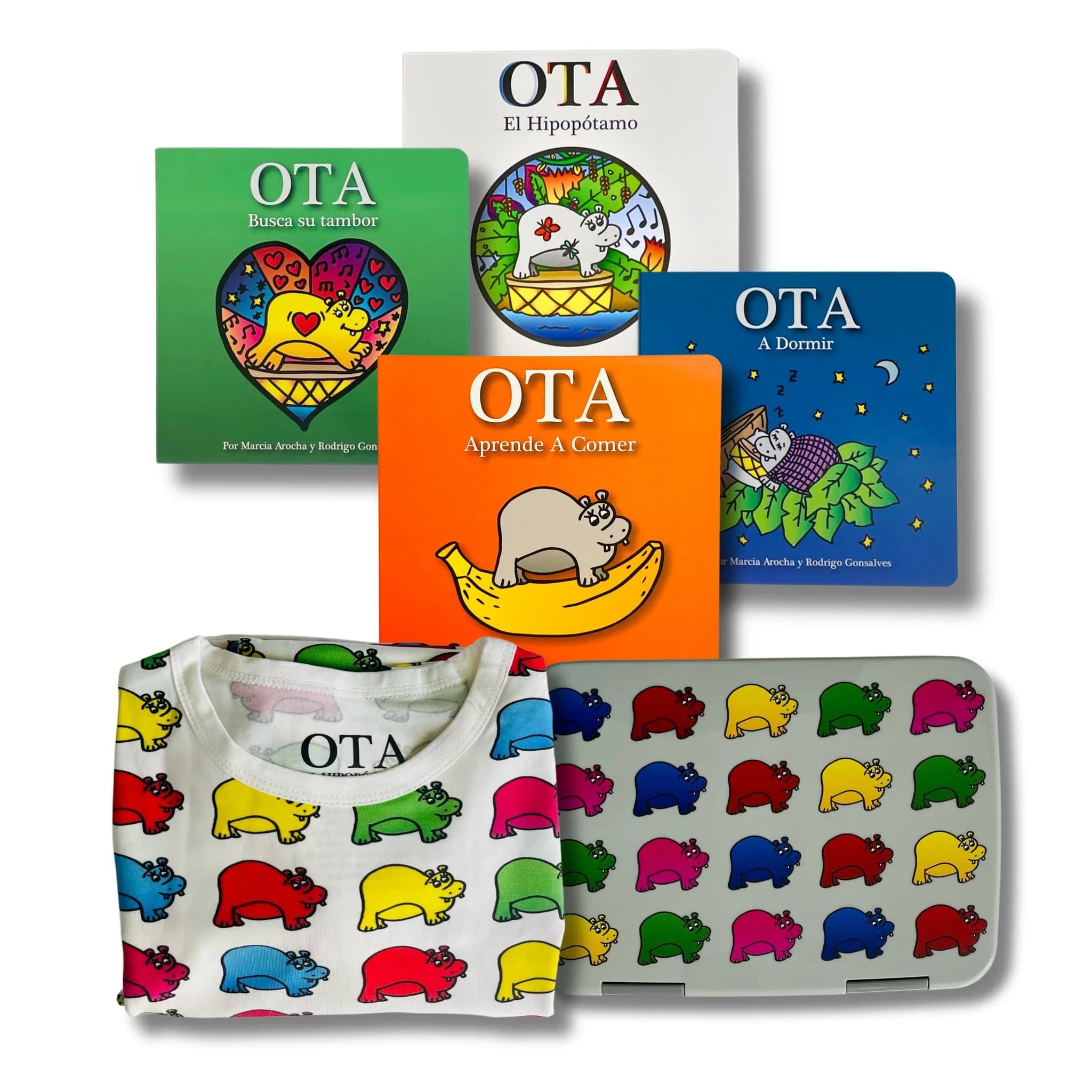 The OTA line — the four board books, pajamas, and lunchbox
